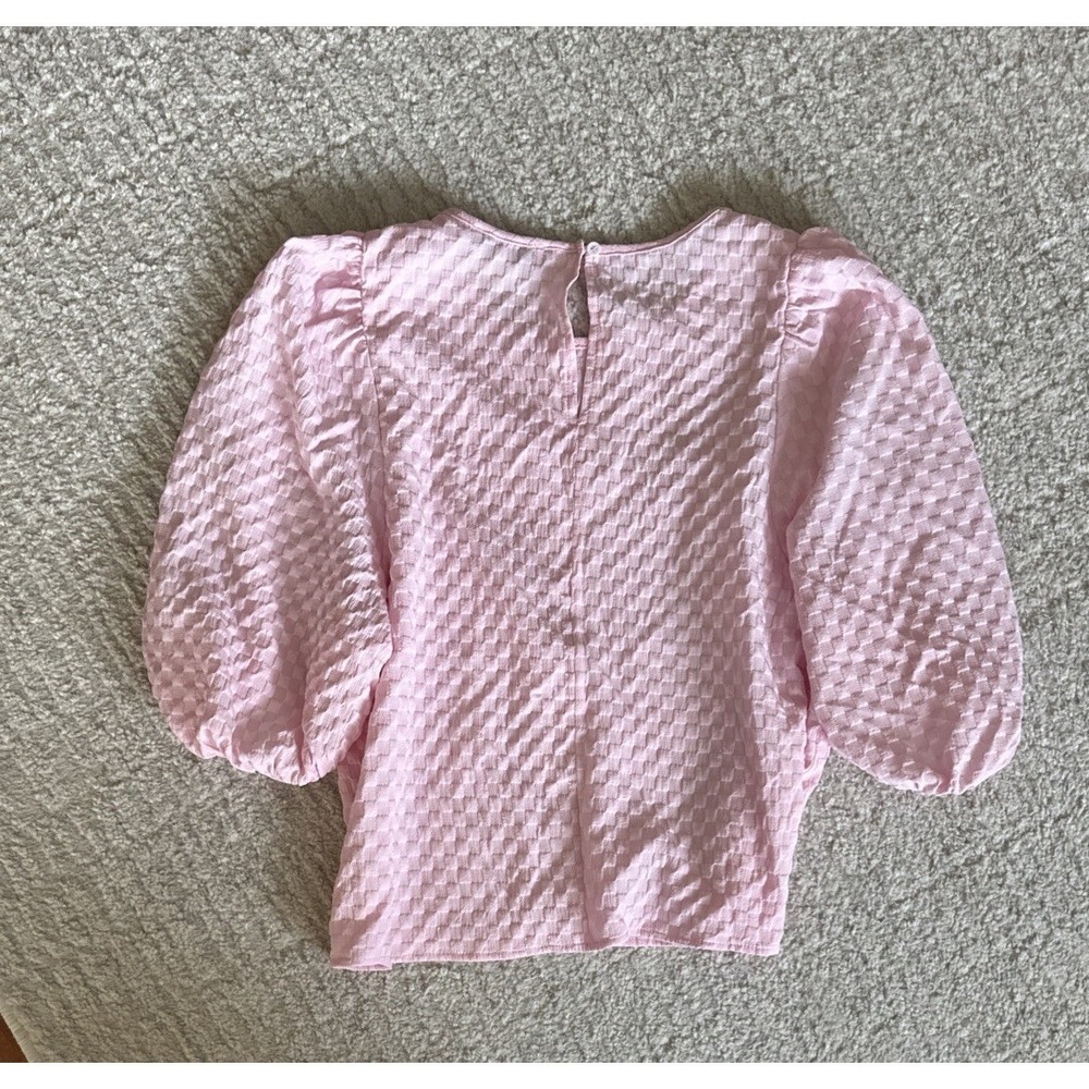 She Sky Pink Puff Short Sleeve Women Top Blouse Textured‎ Gauze Lightweight L
